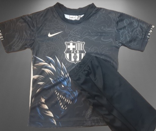 پیراهن و شورت بارسلونا، طرح شیر و اژدها، فول کالر، فلامنت سوزنی A+، چاپ سابلیمیشن