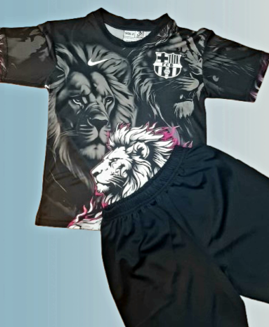 پیراهن و شورت بارسلونا، طرح شیر و اژدها، فول کالر، فلامنت سوزنی A+، چاپ سابلیمیشن