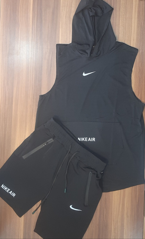 ست رکابی (حلقهای) کلاهدار کشی و سوزنی و شلوارک پارچه غواصی زیپ واتر (NIKEAIR)